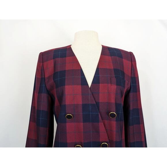 Vintage 90s Jacket Red Blue Plaid Double Breast Oversize Blazer Misses Size 8 - Picture 2 of 9